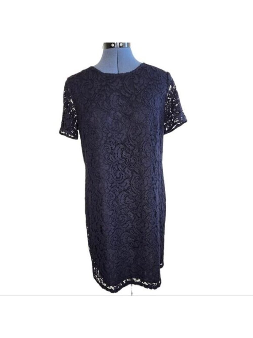 Ann Taylor Navy Blue Lace Overlay Shift Dress Women's Size 8 Short Sleeve
